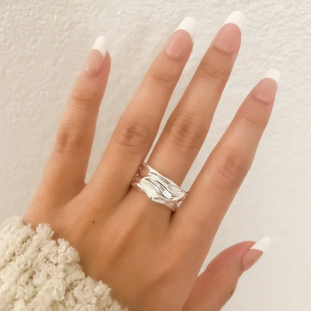 925 Sterling Silver Chunky Ring Thick Ring Band Wavy Ring Textured Ring - Picture 2 of 11